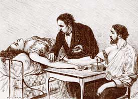 Старинная гравюра: Переливание крови от человека к человеку